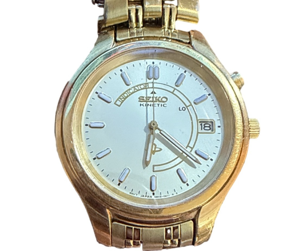 Seiko Kinetic Men's Gold Tone Watch Date Stainless Steel Bracelet